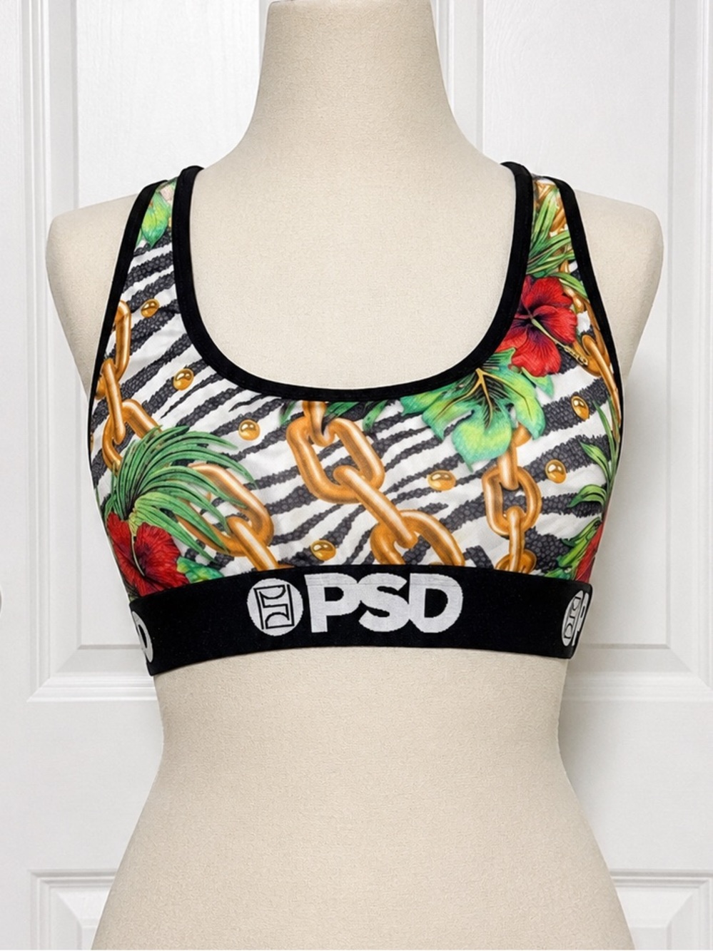 PSD Floral Chain Print Racerback Swim Sports Bra - Black, Red, Green, Gold